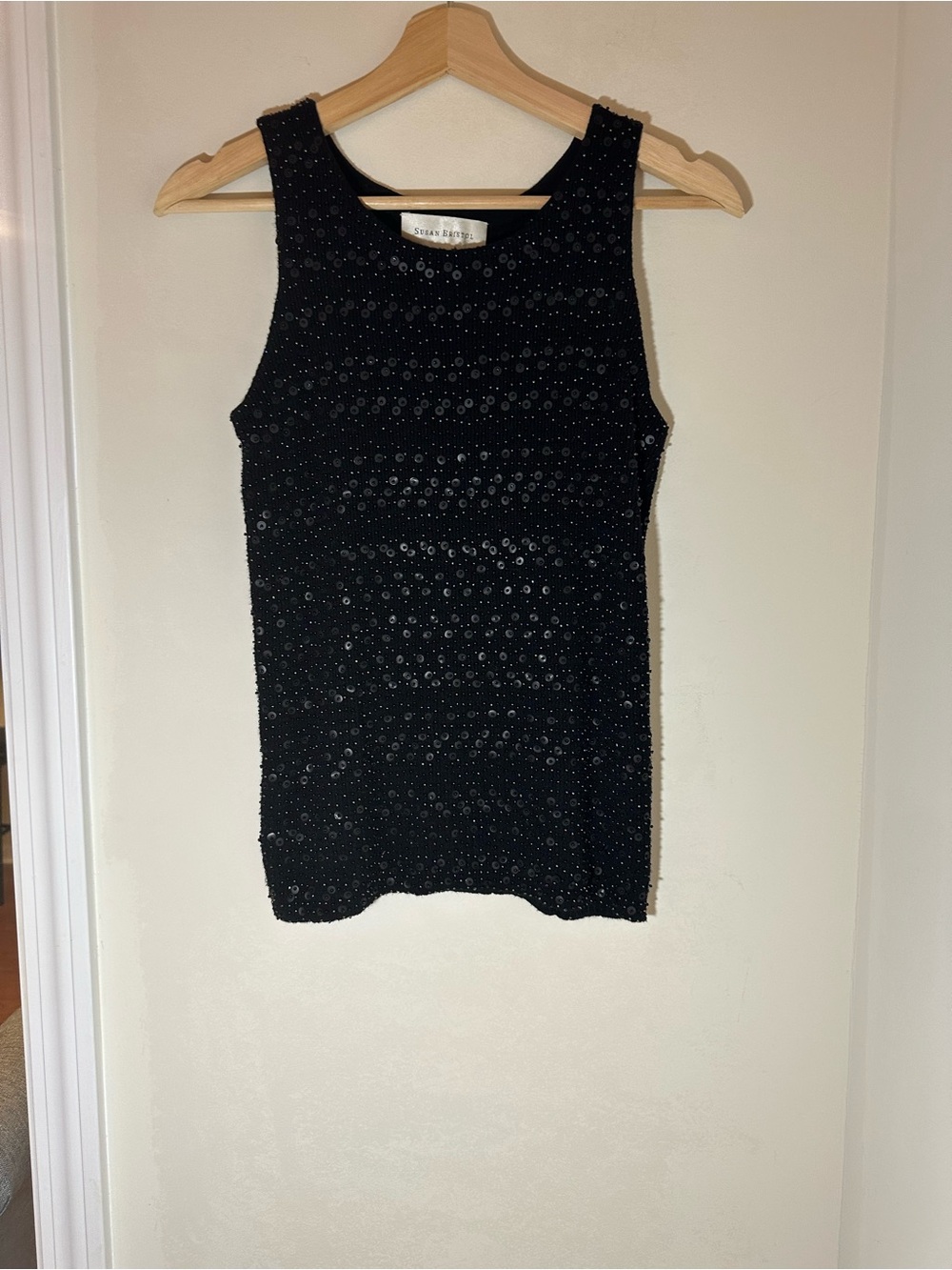 Vintage black knit summer sleeveless top with tonal sequin embellishments